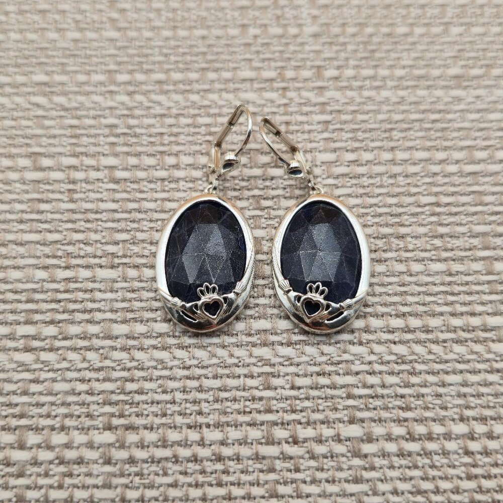 Sterling Silver Irish Claddagh Sodalite Stone Dangle Earrings A5389